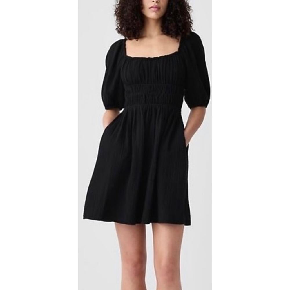 Gap Smocked Mini Dress Gauze Cotton Puff Sleeves Small Little Black Dress Summer